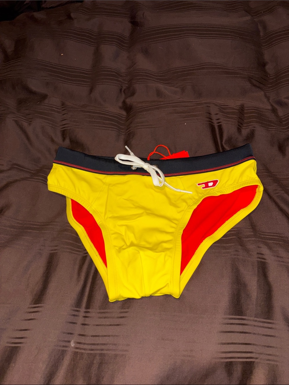 Diesel Yellow Swim Briefs with Red Accents and Black Waistband